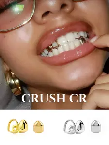 CRUSH CR Sleek Silver Hollow-Out Tooth Grillz set Minimalist Lightweight Design Great for Music Festivals Streetwear Fits TikTok Content Creation Suitable for Trendsetters Looking to Add a Low-Key Statement Piece to Their Edgy Style Stand Out in Photos