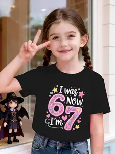 "SIX-SEVEN" Girls' Casual Round Neck Loose Fit Sporty T-Shirt, Graphic Shirt, Elastic Fabric, Short Sleeve, Print Design, Perfect for Outdoor & Indoor Activities, Funny Graphic Tees, Graphic Printed Tee