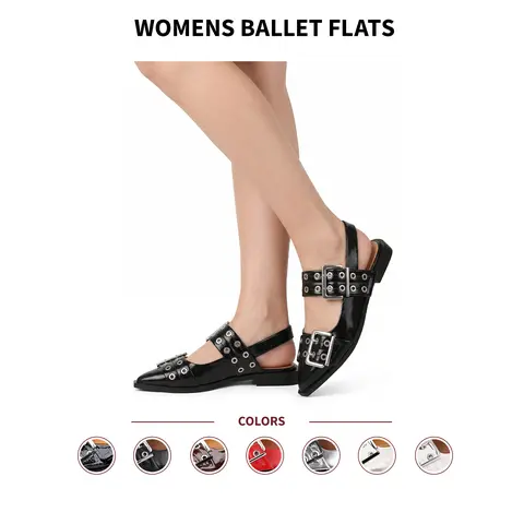 VIMISAOI Ballet Flats For Women Pointed Toe Double Metallic Oversized Buckles Comfortable Fashion Party Dress Date Casual Outdoor Office Formal Concert Vacation Events Stylish Goth Slingback Pump Sandals