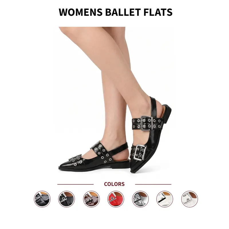 VIMISAOI Ballet Flats For Women Pointed Toe Double Metallic Oversized Buckles Comfortable Fashion Party Dress Date Casual Outdoor Office Formal Concert Vacation Events Stylish Goth Slingback Pump Sandals