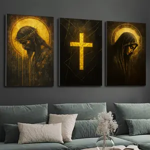 3-piece Religious Canvas Mural - Jesus and Virgin Mary with Golden Cross Design, Religious Decorative Painting, with Wooden Frame - Suitable for Home, Office, or Church Decoration, Interior Mural Decoration - Religious Decoration - Wooden Framed Art