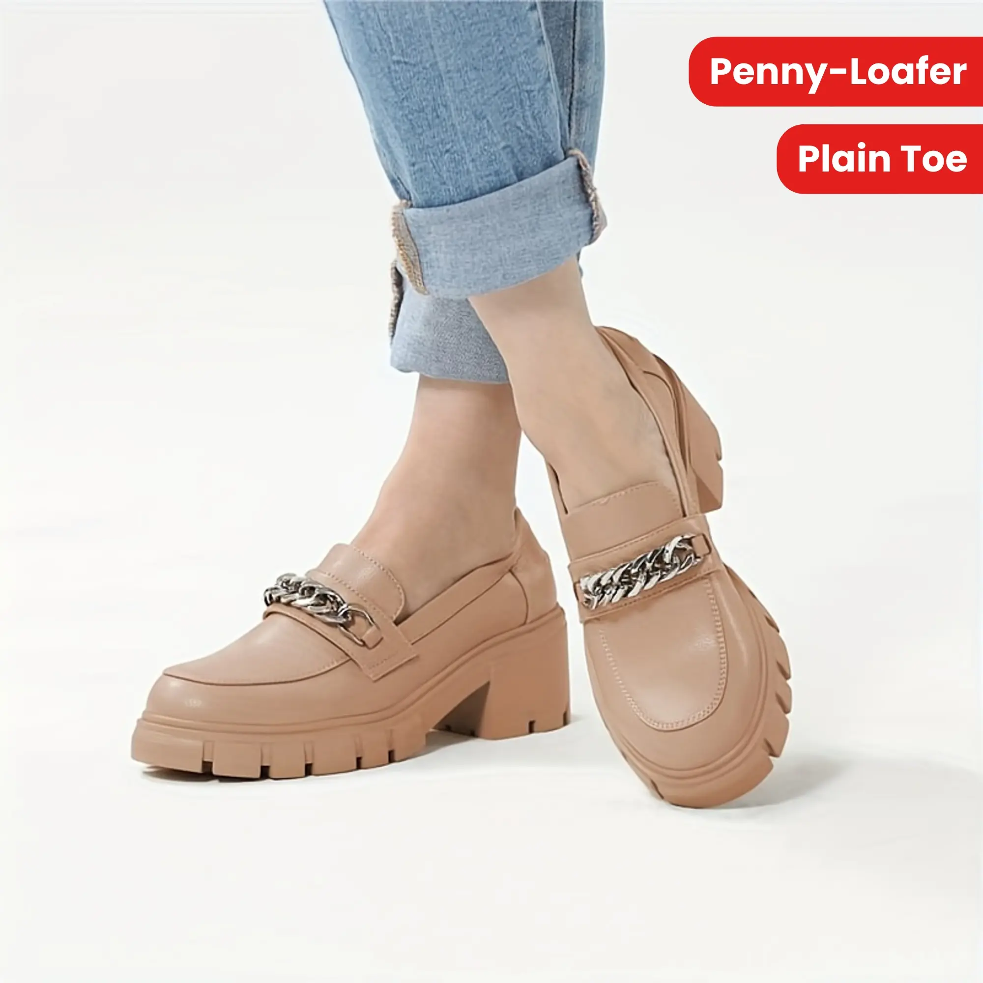 Women's Chunky Platform Loafers With Chain Patent Faux Leather Penny Loafers Fashion Business Work Shoes Comfort Slip-on
