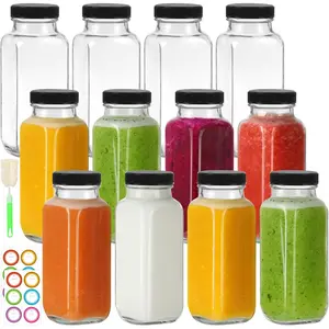 8 oz Glass Juice Bottles with Lids 12 Pack,Reusable Glass Drink Bottles,250ml Water Drinking Jars for Milk,Juicing,Kombucha,Ginger,Beverage Glassware,Juice Drinking Jars