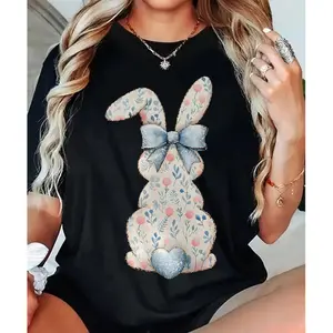 Floral Bunny Silhouette Graphic Tee Blue Bow Accent 100% Cotton Unisex Classic Fit Soft Comfy Tshirt for Summer Casual Womenswear Top Crew Neck Short Sleeve
