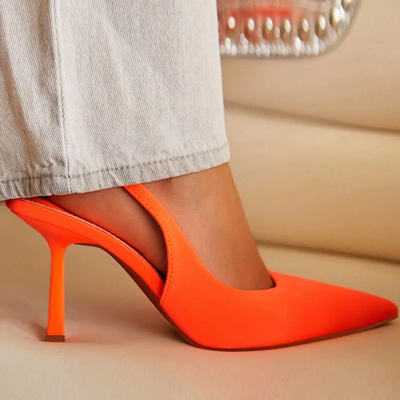 Women's Pointed Toe Slingback Heels Footwear - 3.35 in Mid Heel Lift, Elastic Upper Slip-On Dress Shoes, Elegant Neon Pumps for Office Work, Party Events, Slingback Strap, Slip-On Pumps