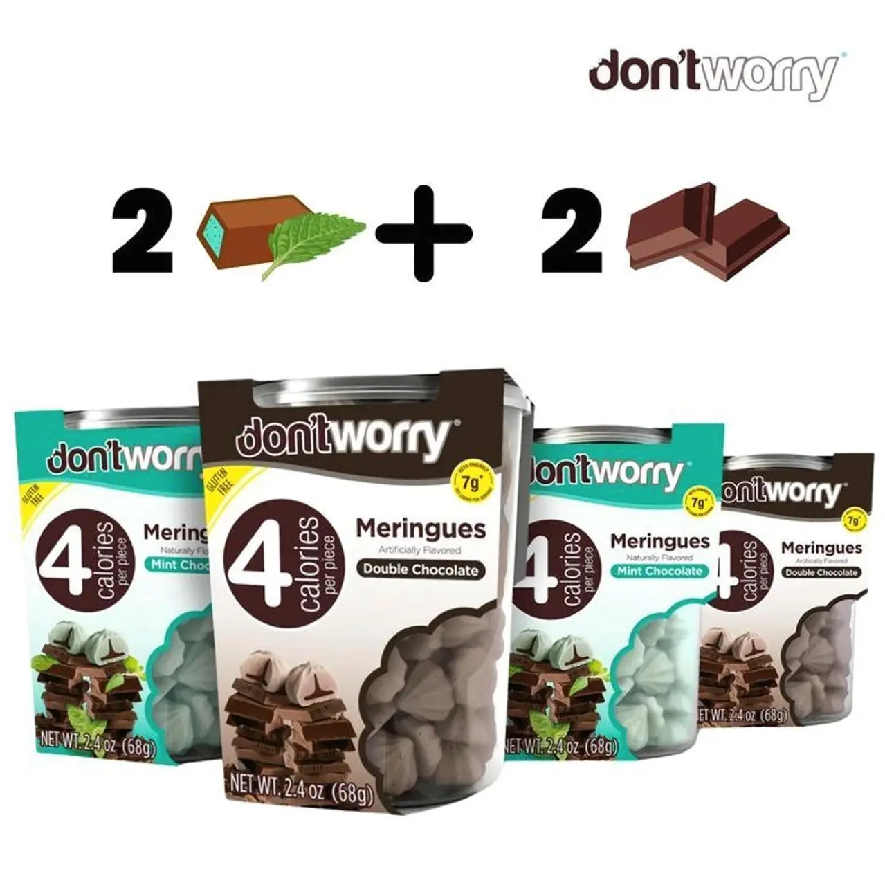 Don't Worry Meringue Cookies - 4 Pack, Low Sugar, Gluten Free Snacks, Keto Friendly, Double Chocolate & Mint Chocolate Flavors - Dessert