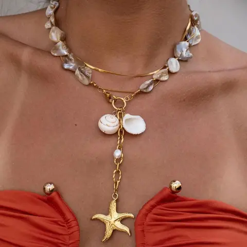 Irregular Shell & Starfish Design Pendant Necklace for Women, Layered necklaces, Stainless Steel Jewelry for Party, Daily Clothing Decor, Trendy All-match & Exquisite Jewelry for Birthday Gift, Fashion Necklace, Jewelry Gifts