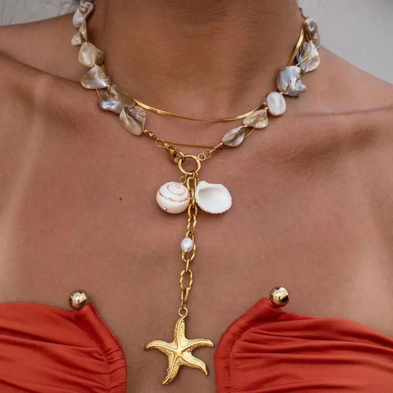 Irregular Shell & Starfish Design Pendant Necklace for Women, Layered necklaces, Stainless Steel Jewelry for Party, Daily Clothing Decor, Trendy All-match & Exquisite Jewelry for Birthday Gift, Fashion Necklace, Jewelry Gifts