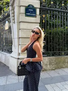 French Vintage Polka Dot Halter Top for Women, Waist Cinching Slimming Sleeveless Wide Leg Pants, Vacation Elegant Fashion Set