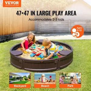 VEVOR Sandbox with Cover, 47.2x 9.1 in Round Sand Box, HDPE Sand Pit with 3 Corner Seating and Bottom Liner, Kids Sandbox for Outdoor Backyard, Beach, Park, Gift for Boys Girls Ages 3-12, Brown