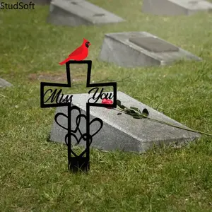 Metal Cross Memorial Stake with Red Cardinal, Miss You Sympathy Grave Marker for Cemetery, Garden, Yard