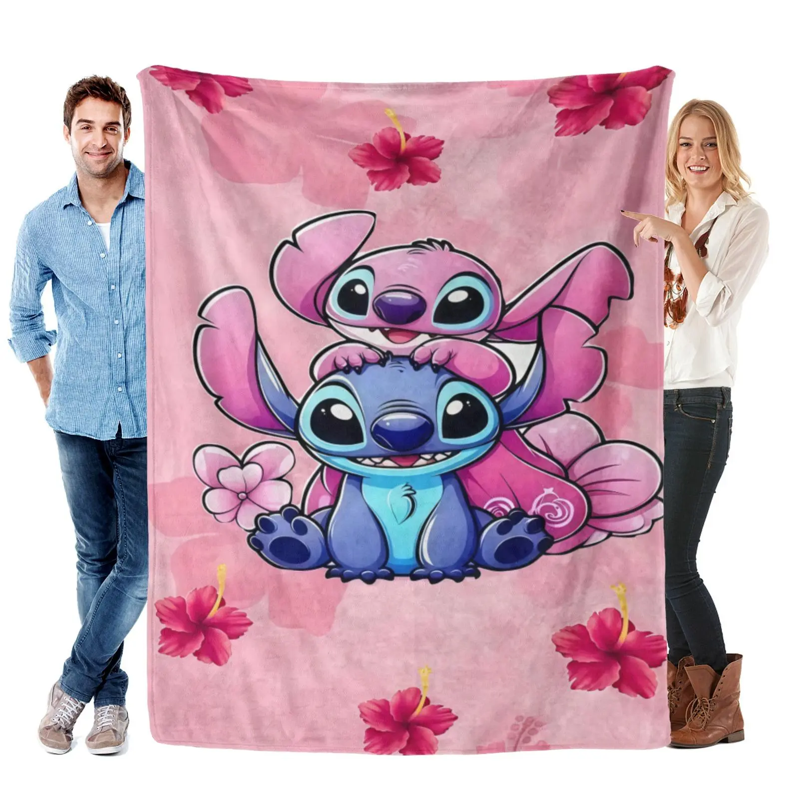Disney Hawaii Flower Stitch Angel Blanket,Soft Flannel Throw,Soft Couple Pattern For Bed Couch,Stitch Bedding For Girly Bedroom Decor