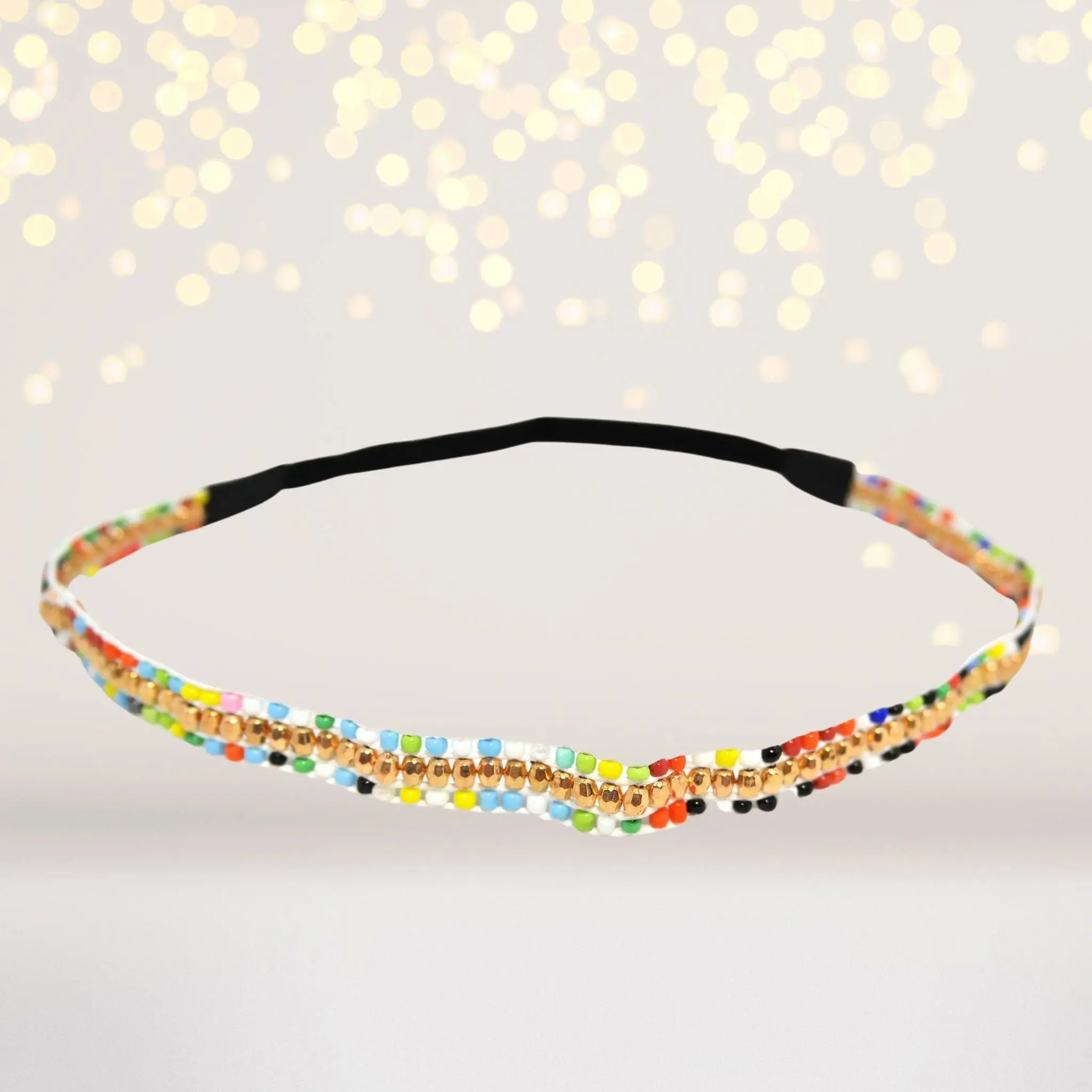 Bohemian Headband for Women, Tribal Chic Hair Accessory with Elastic Aztec Motif and Beaded Stripes for Festivals, Elastic Bands, Female, Bohemian Fashion, Cowgirl Look, Funky, Peppy, Elastic Blend