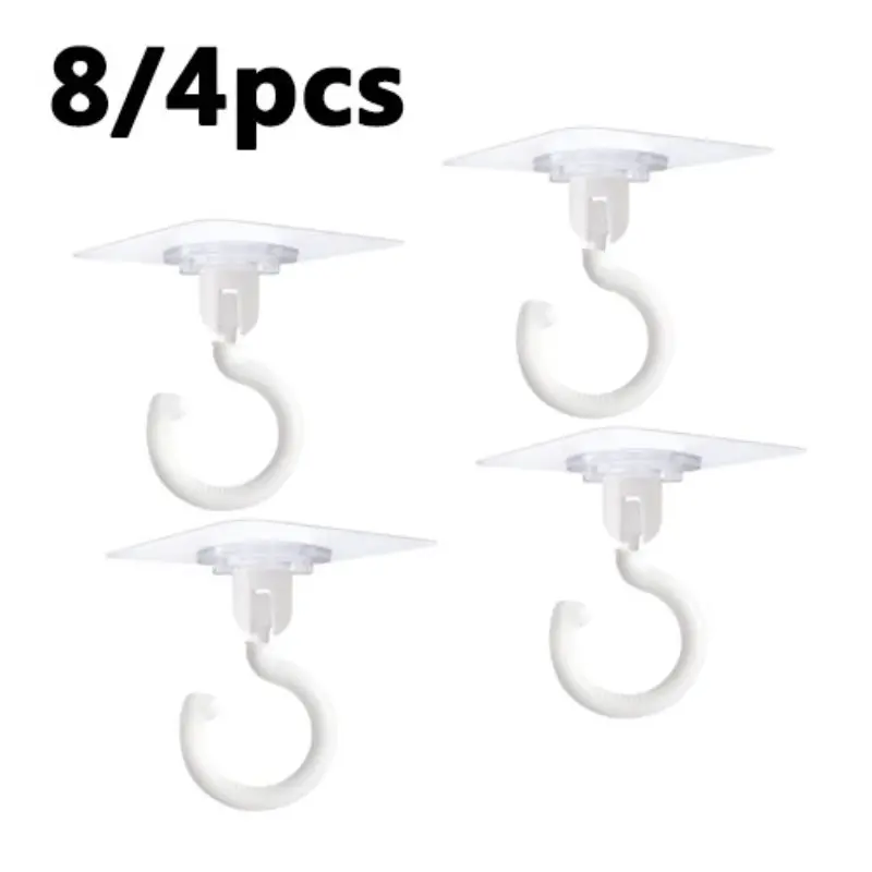 8/4 Strong No-Drill Ceiling Hooks, 360° Rotating Adhesive Wall Hangers, Waterproof Design, Space-Saving Modern Hooks, Durable Plastic, Home Storage Essentials, Adjustable Hooks