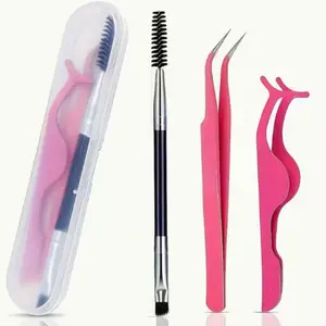 3 Pcs Eyelash Tweezers Set with Storage Box, Sharp Curved Tweezers, False Eyelash Clips, Lash Brush for Extension and Grooming