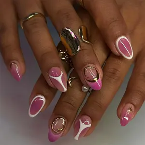24 pieces of medium length almond press on nails gold moon stars, white irregular lines, suitable for girls and ladies acrylic press on nails with jelly glue 1 rub strip French Tip Nails, Nail Art Design, Nail Designs
