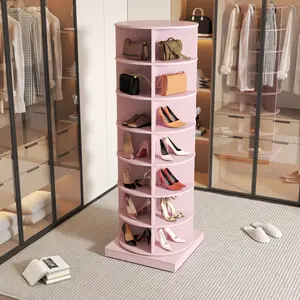 360 Rotating Shoe Rack, 7-Tier Spinning Shoe Storage Cabinet Organizes 28 Pairs, Space-Saving Floor Standing Shoe Cabinet for Entryway, Pink