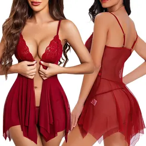 Sexy Lingerie Women's Lace Sheer Babydoll Open Front Sleepwear Boudoir Nightgown G-string