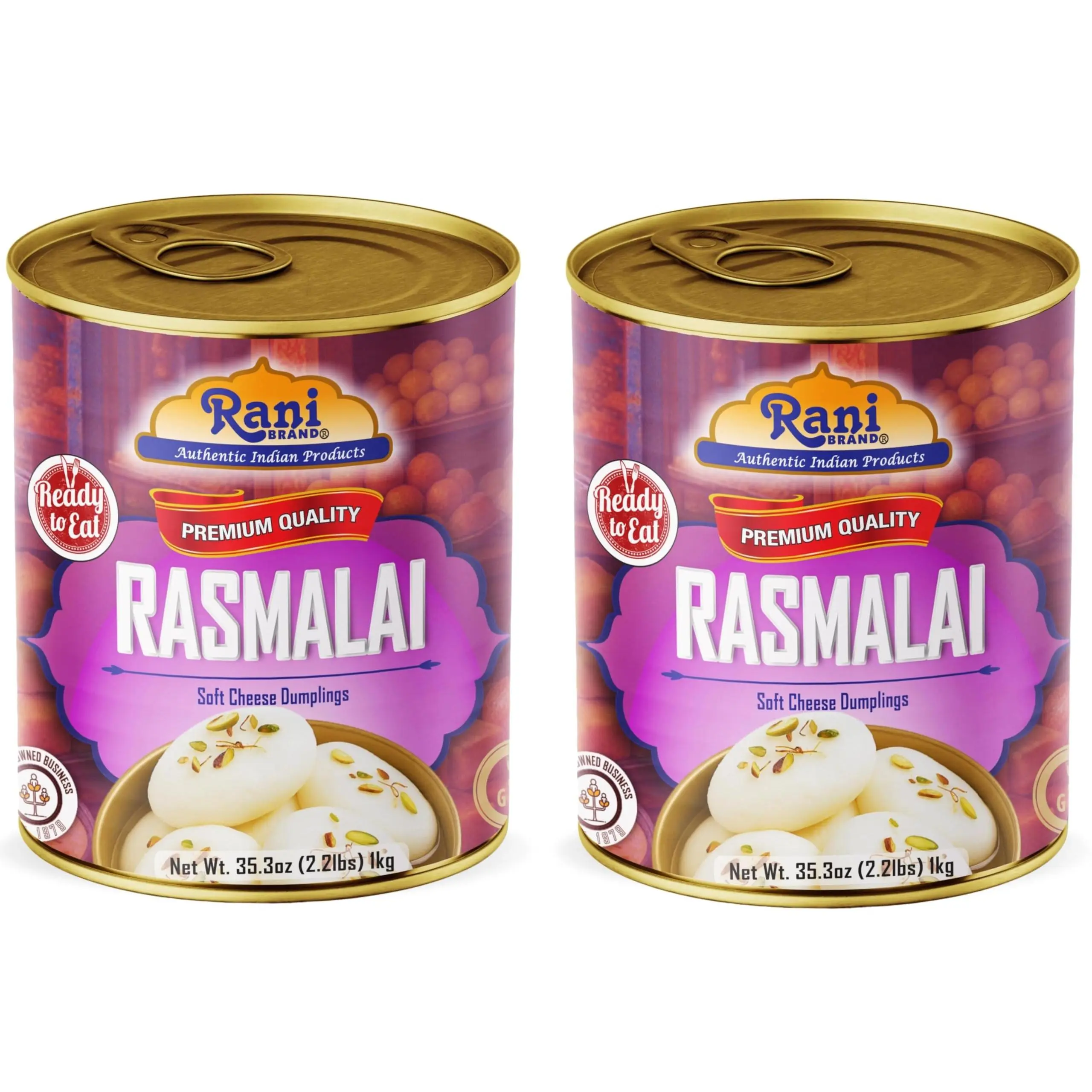 Rani Rasmalai (Soft Cheese Dumplings) 35.3oz (2.2lbs) 1kg, Pack of 2, Approximately 14 pieces, Easy Open Lid ~ Ready to eat | Gluten Friendly | Vegan | Non-GMO | Kosher | Indian Origin