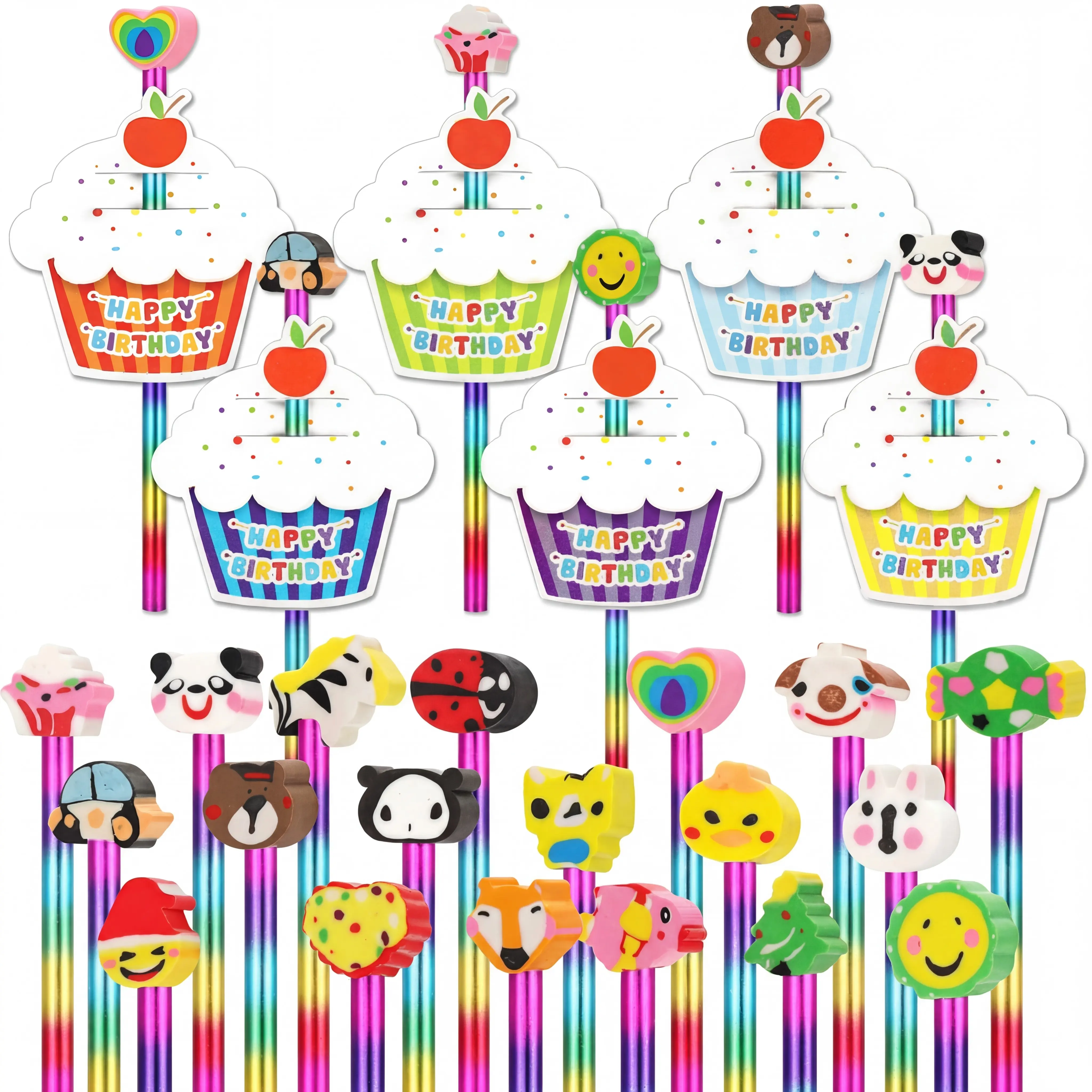 20/50Pcs Birthday Pencils Back to School Classroom Gifts for Kids Include 48 Tie Dye Rainbow HB Pencils 48 Cute Erasers Toppers 48 Colorful Greeting Cupcakes Cards for Teacher Students Office Workers Birthday Gifts First Day of School Essentials supplies