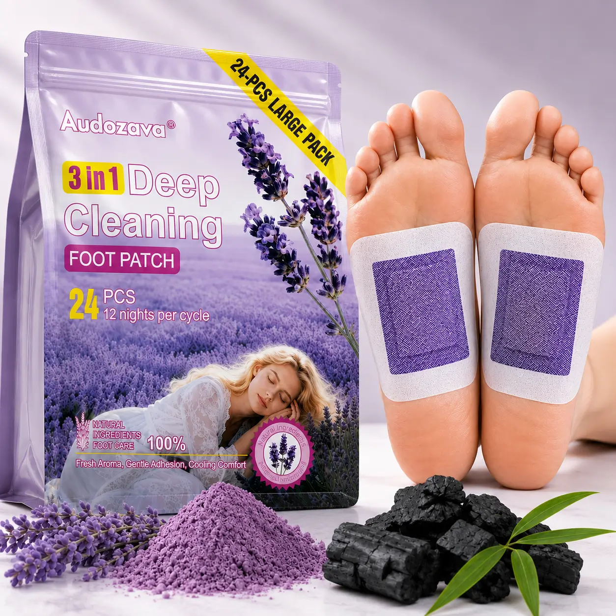 24-Count Deep Cleansing Detox Foot Pads - 3-in-1 Natural Ginger, Bamboo Charcoal & Lavender Patches, 12 Nights Cycle for Toxin Removal, Stress Relief & Better Sleep
