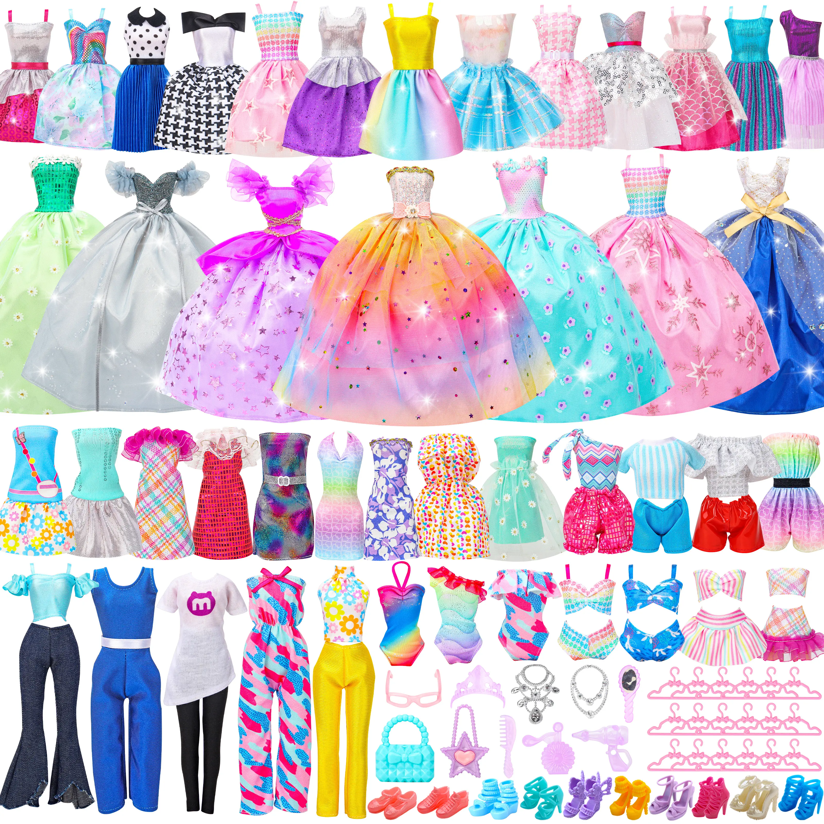 70 Pcs Doll Clothes and Accessories,2 Wedding Gown 6 Fashion Dresses 2 Set Casual Outfits 1 Top 1 Pant Bikini 1 Swimsuit,20 Hanger 10 Shoe 27 Accessories Toys for Girls Kids Birthday and Valentines Gift