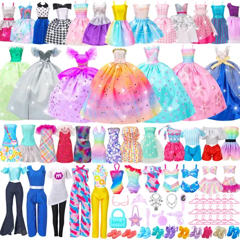 70 Pcs Doll Clothes and Accessories,2 Wedding Gown 6 Fashion Dresses 2 Set Casual Outfits 1 Top 1 Pant Bikini 1 Swimsuit,20 Hanger 10 Shoe 27 Accessories Toys for Girls Kids Birthday Christmas gifts and Valentines Gift, Handmade