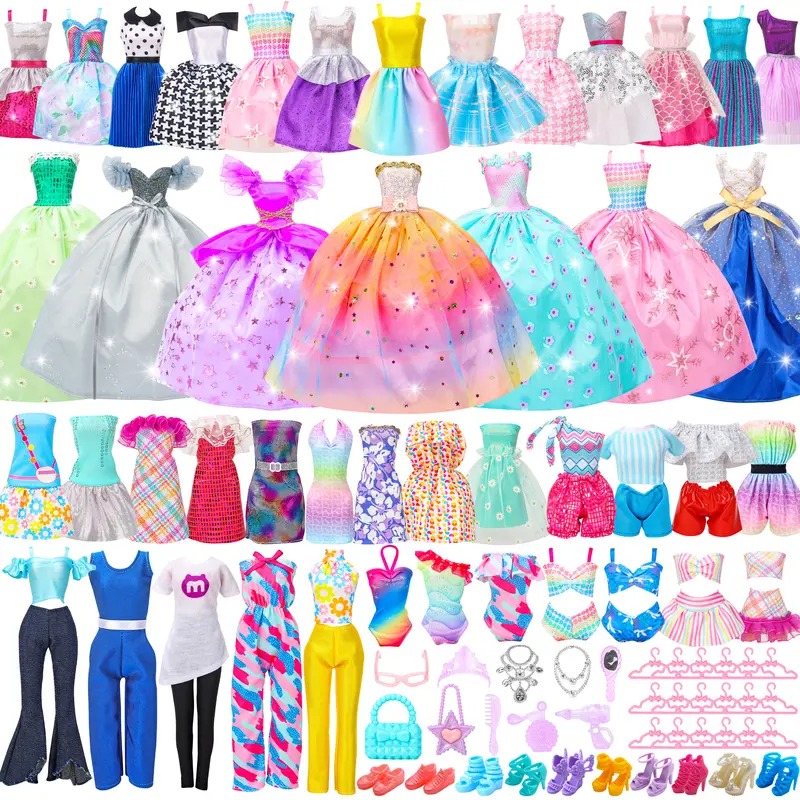 70 Pcs Doll Clothes and Accessories,2 Wedding Gown 6 Fashion Dresses 2 Set Casual Outfits 1 Top 1 Pant Bikini 1 Swimsuit,20 Hanger 10 Shoe 27 Accessories Toys for Girls Kids Birthday Christmas gifts and Valentines Gift, Handmade
