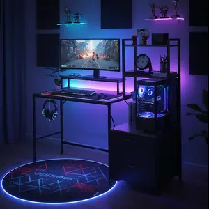 I Shaped Large 59'' Gaming Desk with Power Outlet, Reversible Computer Desk with Monitor Stand, Standing Table with Shelf & Storage Drawers & Hook for Dorm & Apartments, Grey / Black (No LED Light)