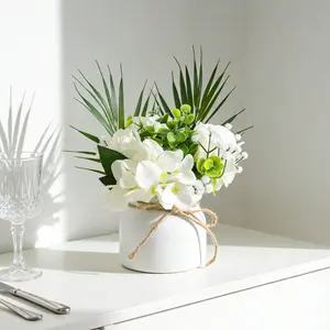 1pc Artificial Plant White Rose Hydrangeas, Artificial Flower Arrangements, Artificial Flowers, Decorative Flowers, Paired with Palm Leaves, perfect for Valentine's & Wedding Decor, 9.8-inch Potted Artificial Flower with Pot Included, Home Decor