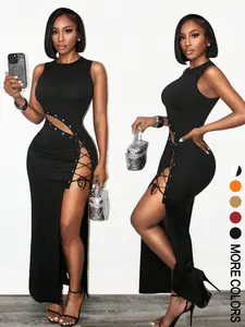 Sexy Women's Sleeveless Cross Tie Design Dress, Slim-Fitting Long Dress with Split Thigh for Special Occasions, Elegant Evening Wear, Formal Wear, Slit