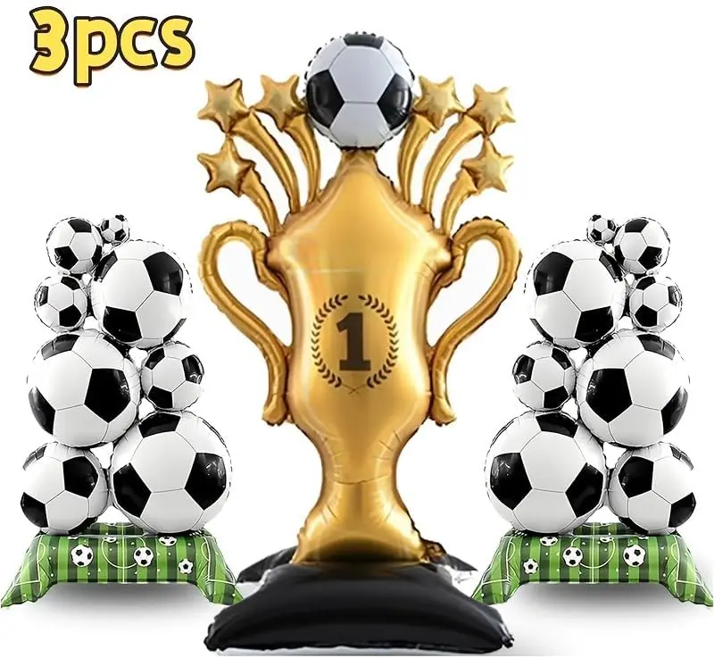 Soccer Party Decorations Kit, Lightweight 3-Pack Giant Standing Mylar Balloons Set - 2 Medium Soccer Balls, 1 Large Trophy - for Sports Birthday Party, 2026 Theme Celebration, Ideal Gifts (Soccer-3PCS), Fans
