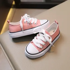 Kids' Low-Top Canvas Sneakers - Breathable Inner Perforation, Durable Rubber Sole, Lightweight & Comfortable, Black/White/ Pink, Lace-Up Design for Boys & Girls, Casual Spring Shoes |       Laceup Sneakers |       Canvas Upper Sneaker