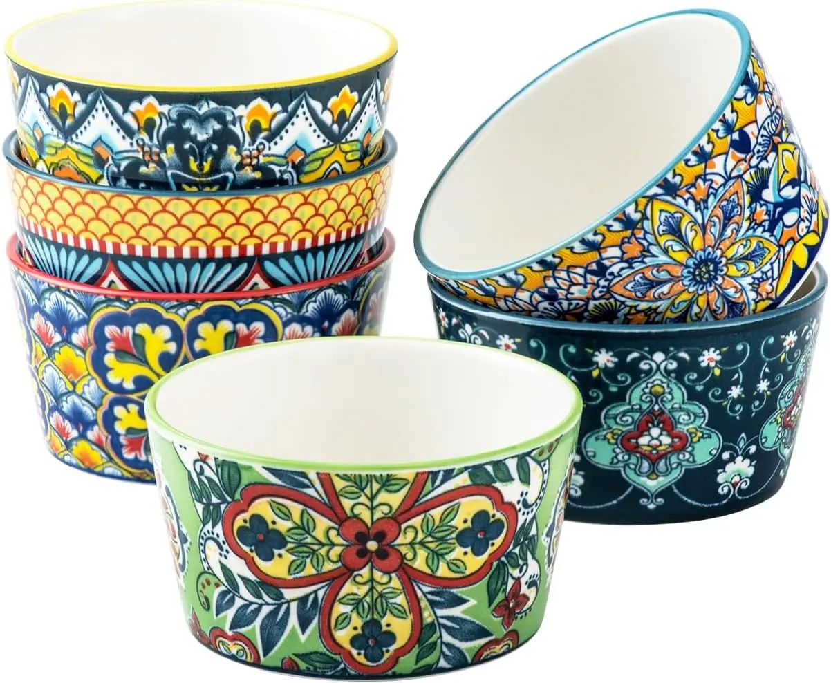 6 oz Ceramic Ramekins Set of 6, Boho Baking Cups & Dessert Dishes | Oven Safe, Ideal for Creme Brulee, Souffle, Custard, Pudding, Lava Cake & Everyday Baking
