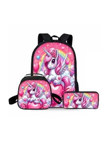 Unicorn pattern printed 17-inch backpack three-piece set (single-layer backpack + round lunch bag with shoulder strap + single-layer pencil case) Cute Versatile Backpack Backpack for School