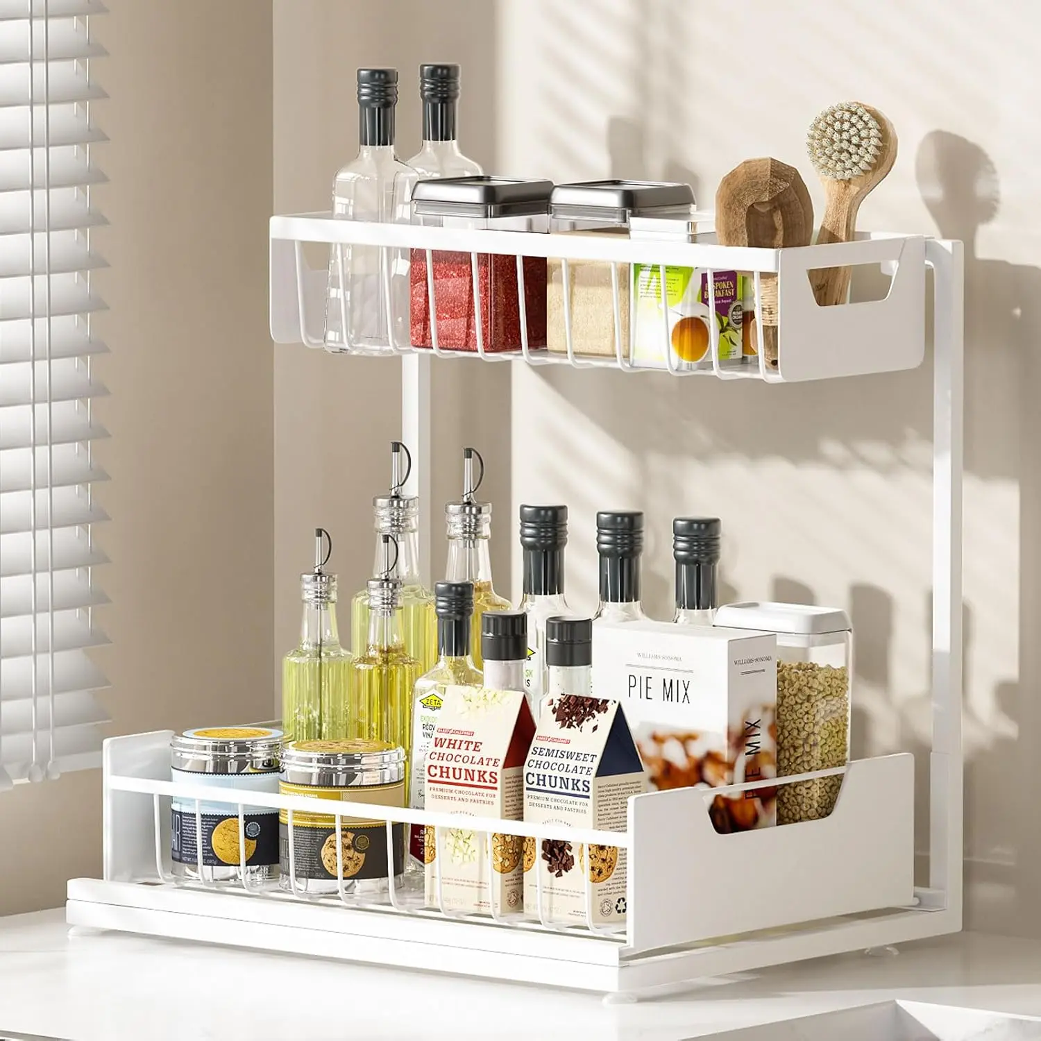Under Sink Organizer 2 Tier Adjustable Height Slide Out Metal Cabinet Racks for Kitchen Bathroom Storage Drawer Shelf Laundry Condiment Jar Holder