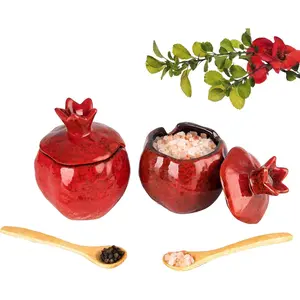 Salt Cellar 2 count Ceramic Pomegranate Shaped Salt Bowl With Lid and Spoon