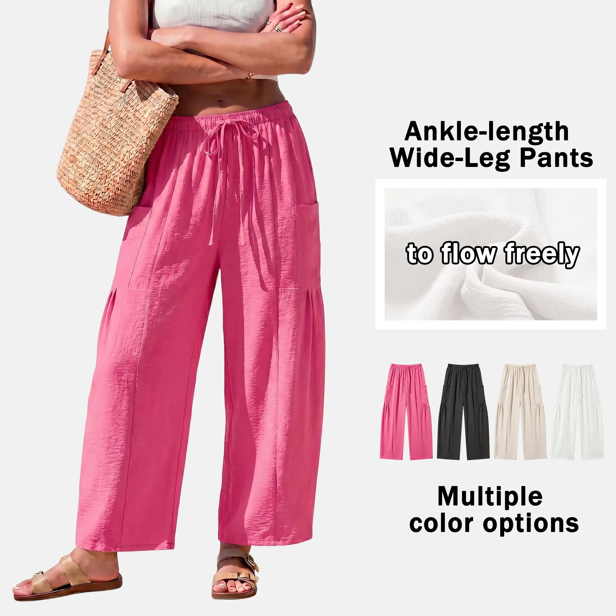 Women’s solid-color lightweight loose casual pants, 100% polyester, elastic drawstring waistband with side pockets, comfortable and breathable, suitable for everyday wear and vacations, material.