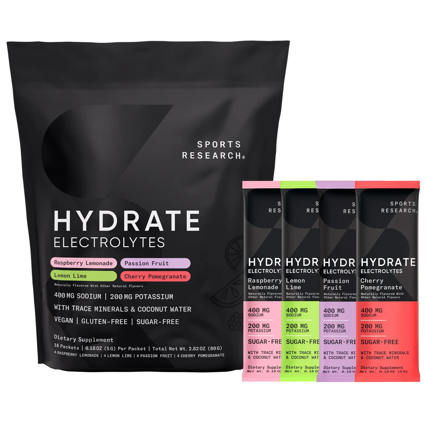 Sports Research Hydrate Electrolytes Powder Packets - Sugar Free & Naturally Flavored with Vitamins, Trace Minerals, and Coconut Water Powder - No Sugar Hydration Packets - Electrolyte Powder Drink Mix - 16 Count