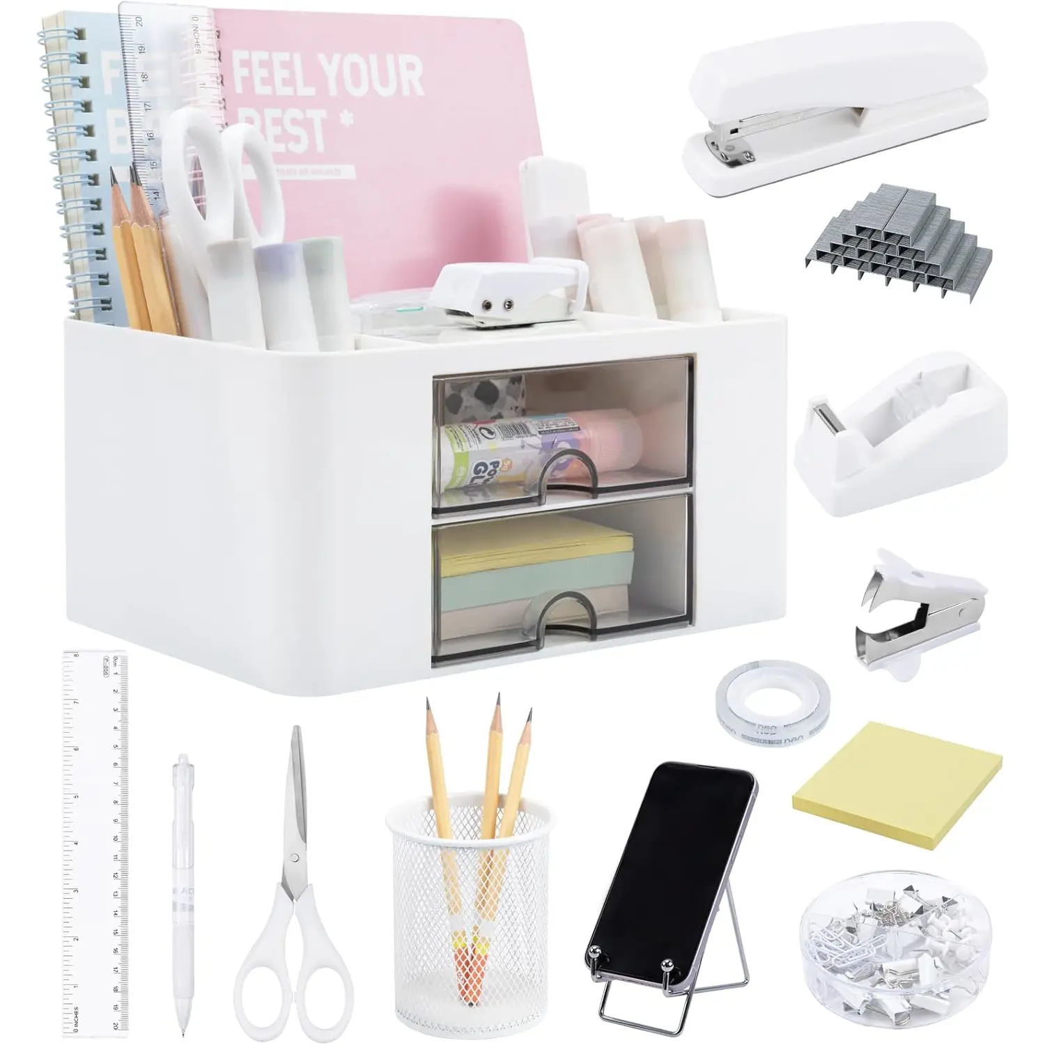 Desk Organizers and Accessories 12+1Pcs, Office Supplies for Desk, Pen Organizer with 2 Drawers with Stapler,1000 Staples, Phone Holder, Tape Dispenser, Pen Holder, Sticky Note, Clips, Ruler,Etc