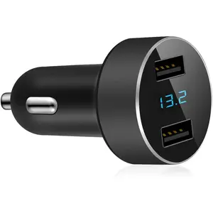 2 USB Car Charger,12V/24V Voltage Meter, Output 4.8A, Cigarette Lighter Plug Adapter Compatible with Iphone,Ipad, Samsung, USB Charging Devices, Black