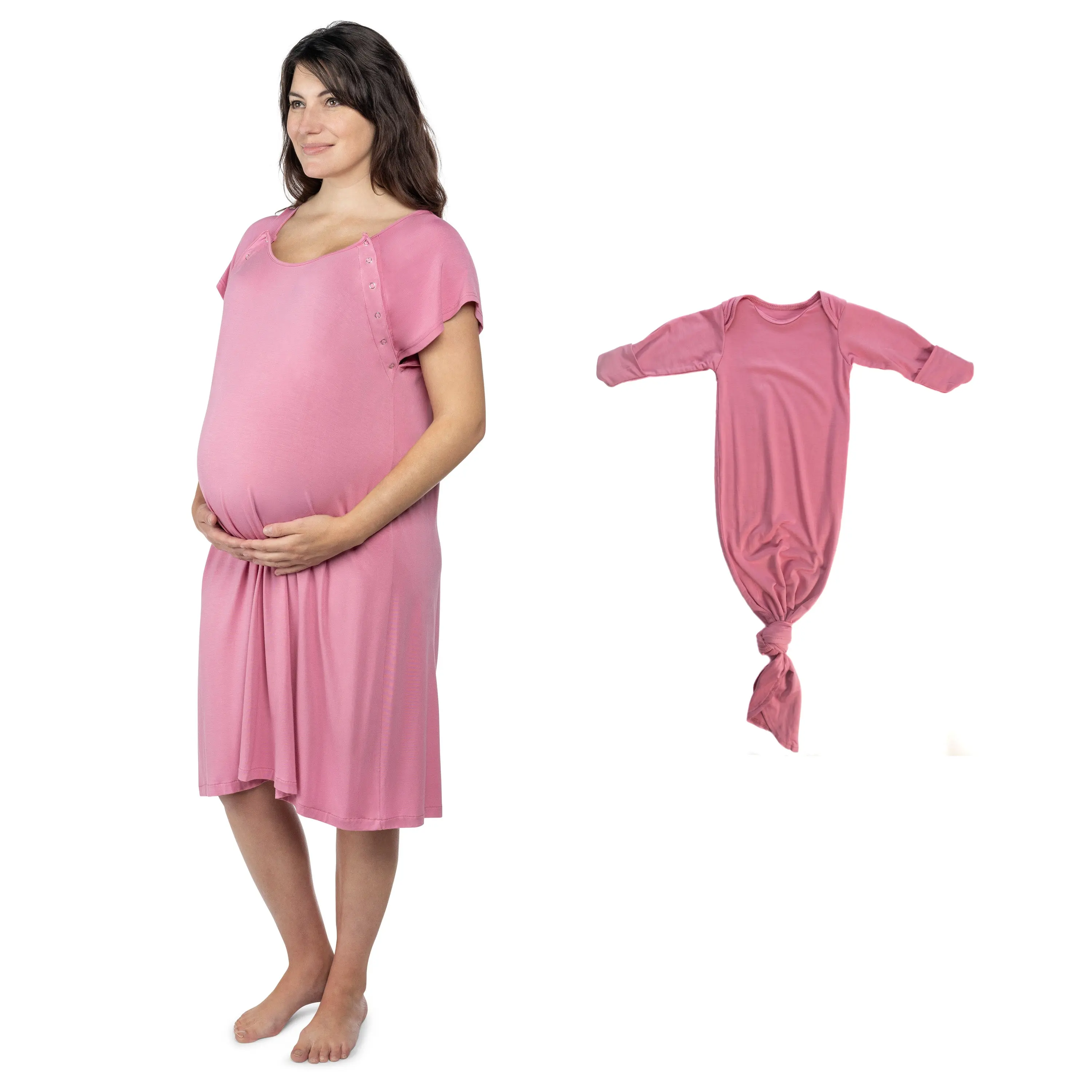Three Little Tots Rose Pink Mommy & Me Labor and Delivery  Hospital Gown with Matching Newborn Baby Knotted Gown
