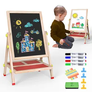 JOYOOSS 3-in-1 Kids Easel with Chalkboard & Whiteboard, Wooden Toddler Art Easel for Ages 4-12, Adjustable Magnetic Drawing Board with Markers & Eraser 105-Natural