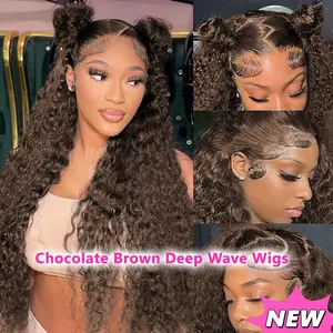 Bling Hair Chocolate Brown Deep Wave 13x4/13x6 HD Transparent Lace Front Wig Human Hair 180 Density Human Hair Wigs Colored Deep Curly Lace Frontal Wigs for Women