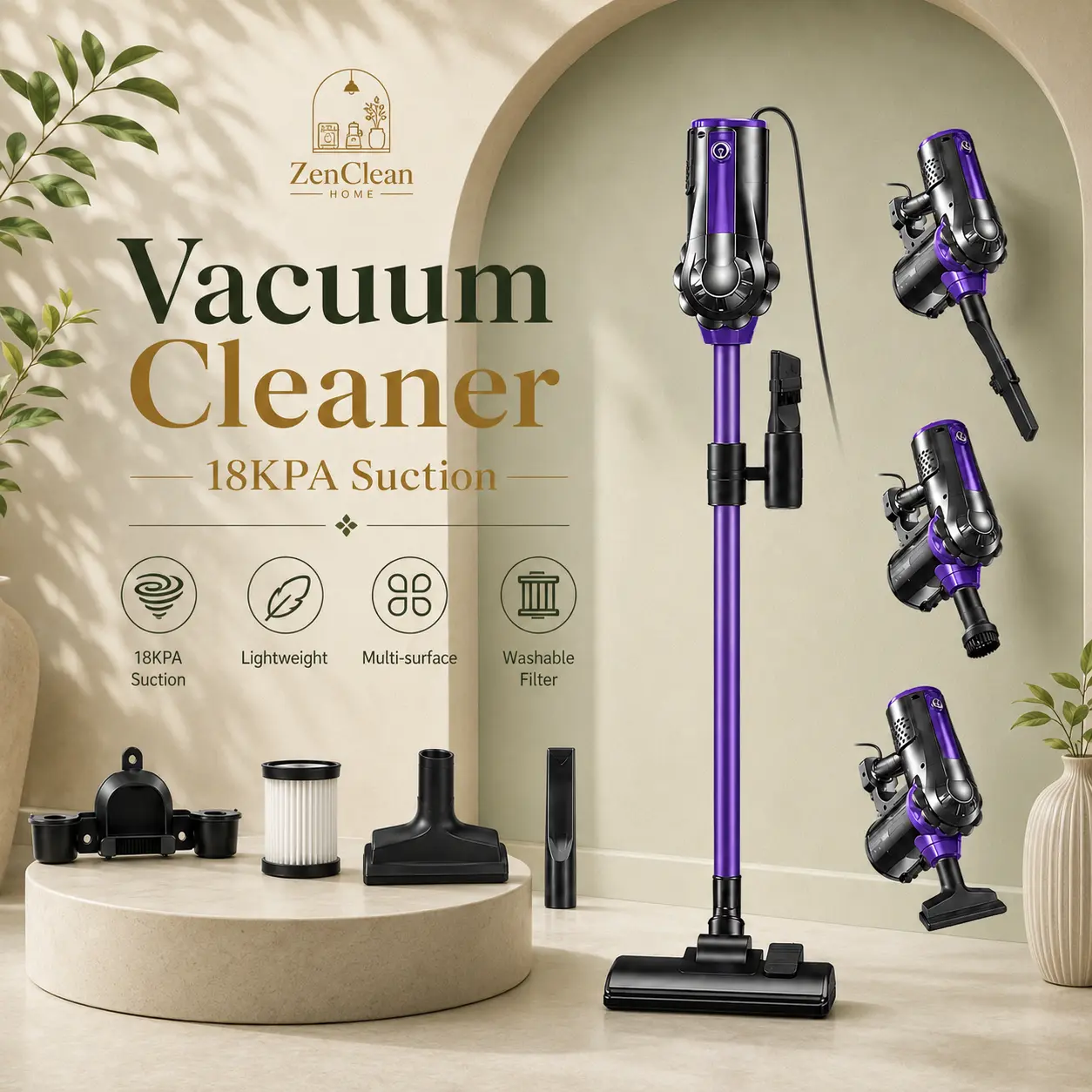 Pink Corded Stick Upright Vacuum Cleaner - 600W 18KPA Powerful Suction Motor, 5-Layer HEPA Filtration, Anti-Tangle ABS Design, Multi-Surface Cleaning for Home Pet Hair & Floors, 110V Compatible