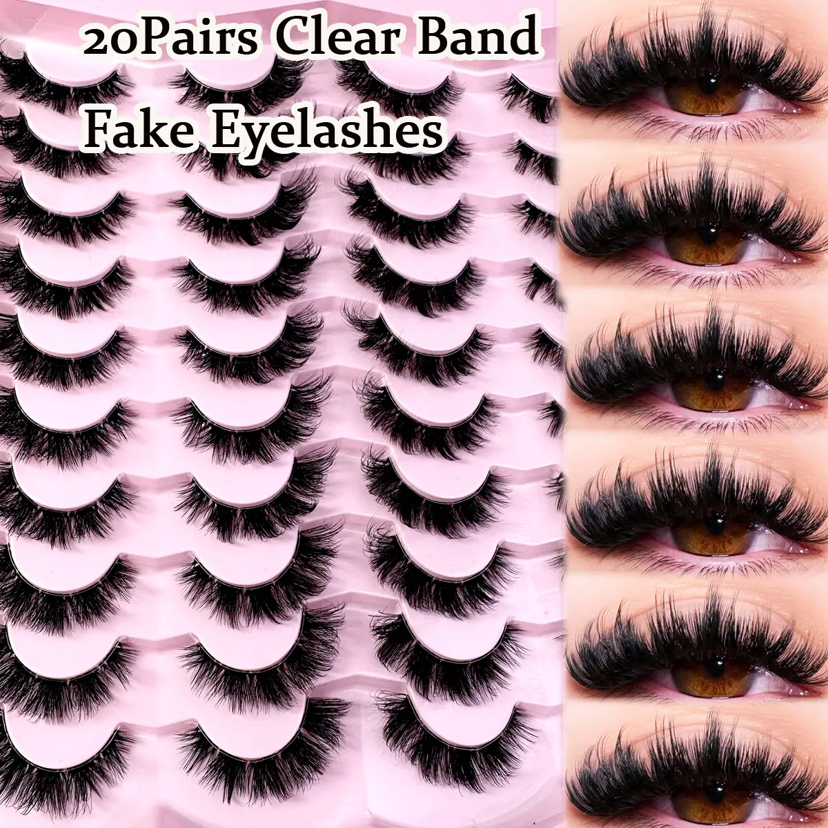 20Pairs Transparent stem Cat Eye Style Natural Look False Eye Lashes With Clear Band Wispy Fluffy And Soft Faux Mink Lashes Makeup Extension