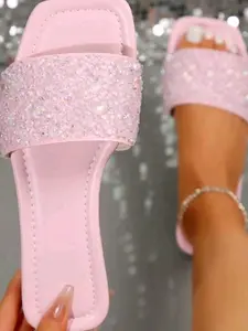 2026 Pearl Rhinestone Wide Strap Flat Sandals, Comfortable Non-Slip Sole, Elegant Design for Office, Shopping, Vacation, Spring Summer Essential