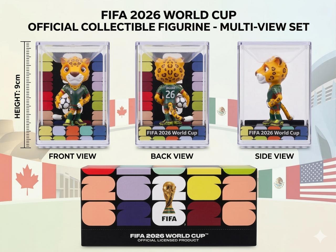 FIFA 2026 World Cup Mascot Figurine Set - Limited Edition Collectible Figurines Featuring Eagle Clutch, Moose Maple, and Jaguar Zavu - High-Clarity Display Case & Exclusive "26" Pitch Base