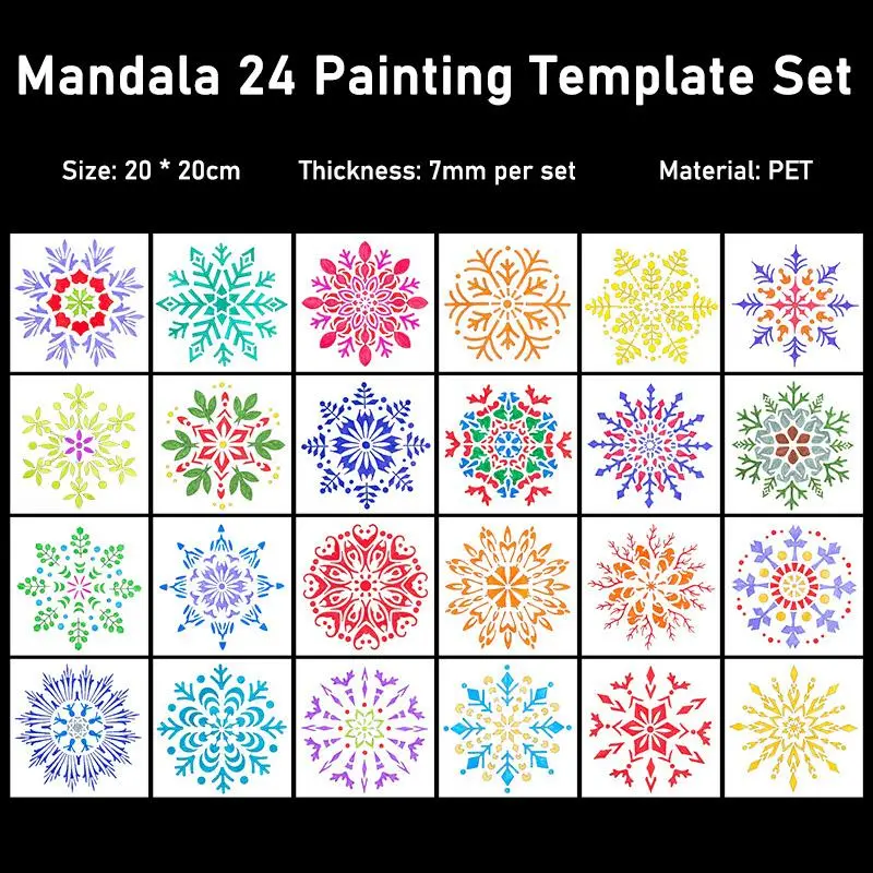 Set of 24 Snowflake Mandala Painting Templates, 20x20cm Cutout Pet Ruler, DIY Stencil Spray Paint, Handmade Poster Template