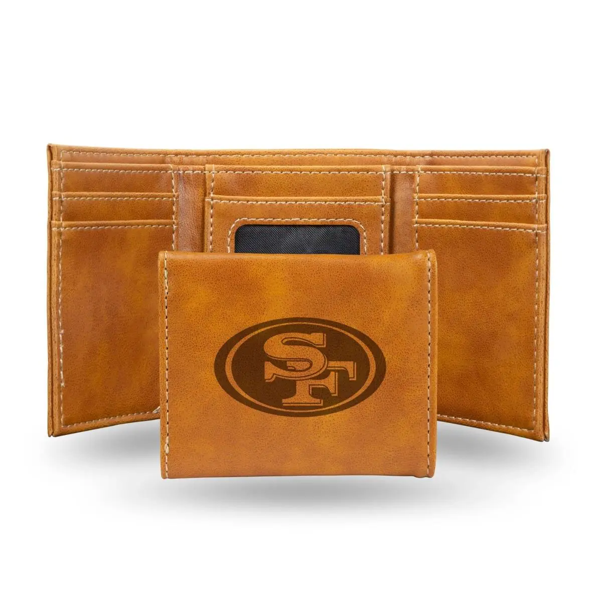212 MAIN Foldable NFL San Francisco 49ers Brown Faux Leather Laser-Engraved Trifold Wallet with Black Logo, Foldable Wallet, Official License